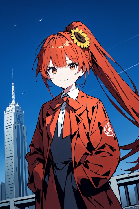 loli,petite,long hair, red Jacket,high ponytail,collared shirt,hair flower,fipped hair,floating hair,Frown,hands in pockets,dress,bowtie,(solo),sky, skyline, skyscraper, smile, solo, sunflower, tower-line art,flower-line art
