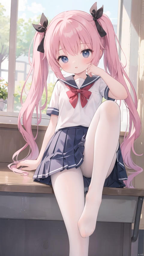 best quality, masterpiece, (full body:0.8), 1girl, little girl, loli, twintails, very long hair, hair ribbon, no shoes:1.3, white pantyhose, no shoes, foot focus, sitting, leg up, school uniform,
, phpose,