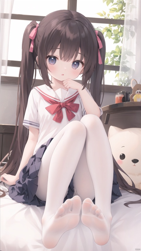  best quality, masterpiece, (full body:0.8), 1girl, little girl, loli, twintails, very long hair, hair ribbon, no shoes:1.3, white pantyhose, no shoes, foot focus, sitting on bed, leg up, school uniform,
, phpose,