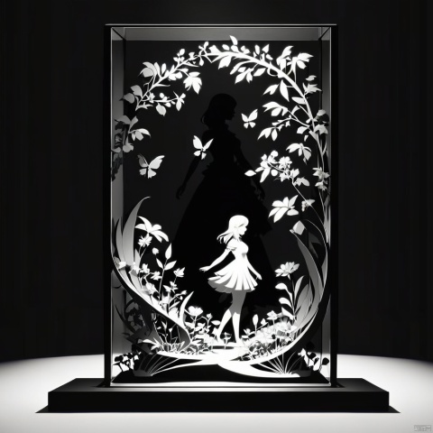  3D papercut shadow box of beautiful girl on a background of flowers . layered, dimensional, depth, silhouette, shadow, papercut, handmade, high contrast, 