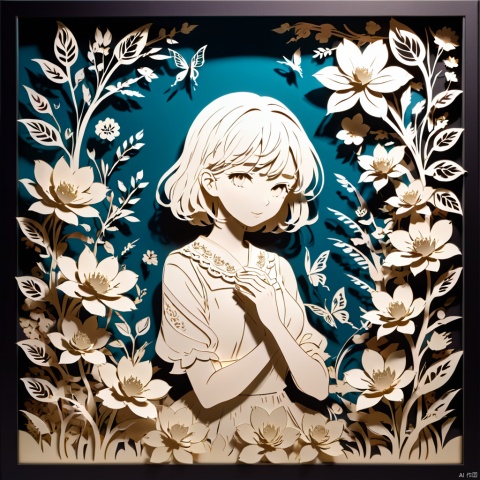  3D papercut shadow box of beautiful girl on a background of flowers . layered, dimensional, depth, silhouette, shadow, papercut, handmade, high contrast,