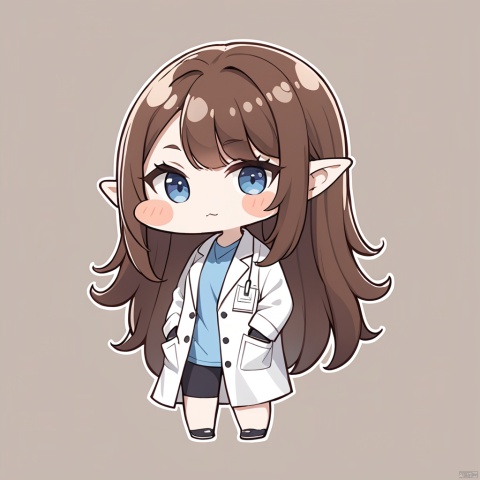 1girl, solo, long hair, bangs, blue eyes, simple background, brown hair, shirt, white background, very long hair, full body, one eye closed, pointy ears, chibi, blush stickers, blue shirt, hands in pockets, labcoat
