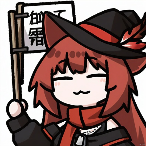  1girl, solo,red hair, black hat, hat feather, red scarf, black jacket, dog_tags,

sign, holding_sign,:3, closed_eyes, holding,  white_background, simple_background, upper_body, facing_viewer, closed_mouth,  chibi, smile, 