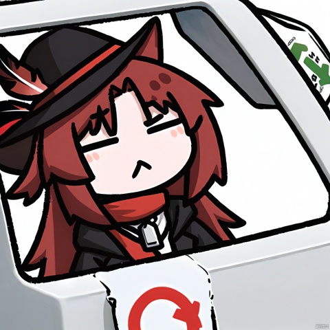 in_container, transparent_background, chibi, simple_background, frown, closed_mouth, White plastic bag, recyclable sign, white_background, :<,

1girl, solo,red hair, black hat, hat feather, red scarf, black jacket, dog_tags,