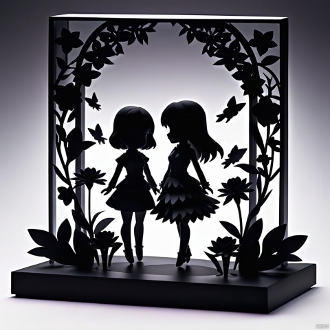  3D papercut shadow box of beautiful girl on a background of flowers . layered, dimensional, depth, silhouette, shadow, papercut, handmade, high contrast, Nendoroid 
