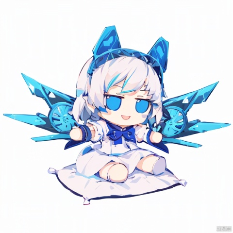  chibi, masterpiece, best quality, 1girl,solo,blue eyes,long hair,mecha musume,white background,dress,open mouth,smile,white hair,looking at viewer,simple 