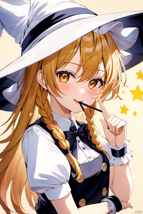 masterpiece,best quality,,marisa_touhou, kirisame_marisa_touhou, 1girl, solo, star_\(symbol\), looking_at_viewer, upper_body, mouth_hold, puffy_short_sleeves, blush, wrist_cuffs, index_finger_raised, shirt, side_braid, buttons, vest, black_bow