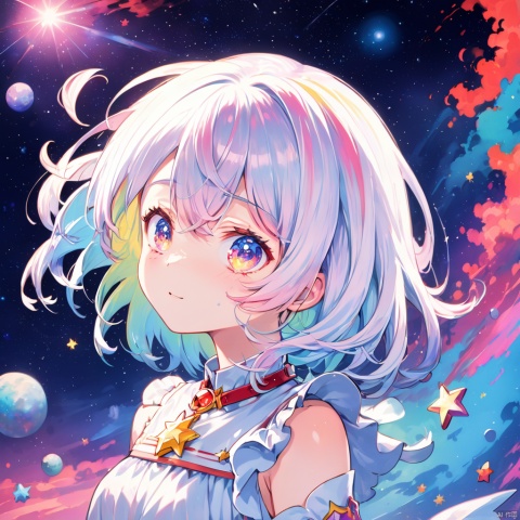starwhisper,(((masterpiece))),(((best quality))),((ultra-detailed)),(illustration),(dynamic angle),((floating)),(paint),((disheveled hair)),(solo),(1girl), loli, ((small_breasts)), (((detailed anima face))),((beautiful detailed face)),collar,bare shoulders,white hair, ((colorful hair)),((streaked hair)),beautiful detailed eyes,(Gradient color eyes),(((colorful eyes))),(((colorful background))),(((high saturation))),(((surrounded by colorful nebula))),(((surrounded by colorful stars))),((shining)), starry background