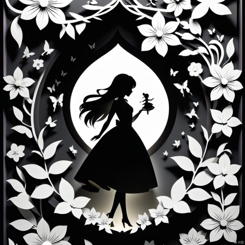  3D papercut shadow box of beautiful girl on a background of flowers . layered, dimensional, depth, silhouette, shadow, papercut, handmade, high contrast, 