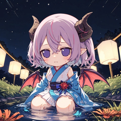  chibi, chibi,1girl,tail,wings,solo,horns,dragon horns,dragon wings,dragon tail,dragon girl,spider lily,pointy ears,nsfw,sex,wet,wet kimono,see-through,open clothes,bare shoulders,striped,new year,flower,barefoot,long hair,one side up,tree,water,white kimono,sitting,kneeling,outdoors,night,pink flower,purple flower,silver hair,looking at viewer,sky,house,blue flower,purple eyes,blush,one side up,bare legs,butterfly,building,night sky,bug,long sleeves,white flower,depth of field,hair between eyes,red flower,reflection,closed mouth,grass,ripples,lake,pink hair,strap slip,plant,pink butterfly,starry sky,looking away,slit pupils,dark night,black background,glowing,large breasts,shy