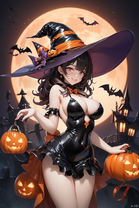 PVC , halloween theme,1girl, smile,ghost, smile,witch_hat,red_moon,masterpiece,best quality
