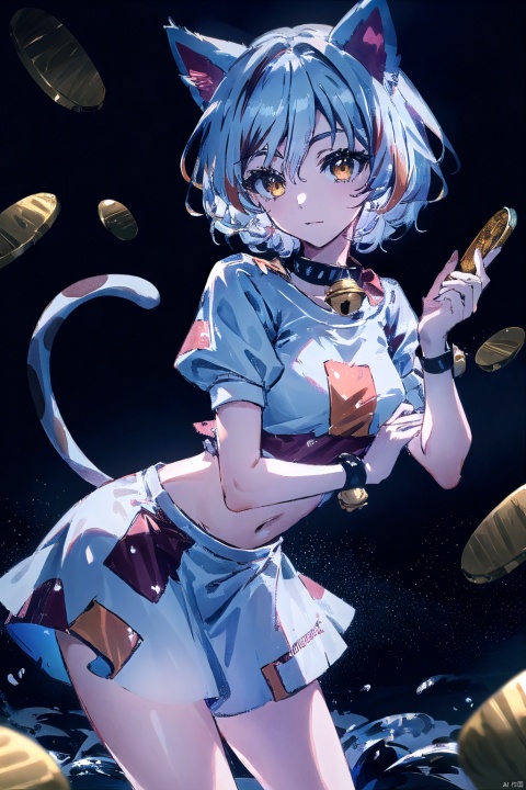  1girl, solo, looking_at_viewer, masterpiece, best quality, ,1girl, tail, animal ears, cat ears, cat tail, solo, bell, maneki-neko, short hair, multicolored hair, skirt, neck bell, streaked hair, white hair, jingle bell, crop top, looking at viewer, short sleeves, bangs, midriff, shirt, cat girl, multicolored shirt, closed mouth, breasts, leaning forward, collarbone, gold, puffy sleeves, collar, orange eyes, multicolored skirt, black collar, wristband, puffy short sleeves, coin, multicolored clothes, standing, patch