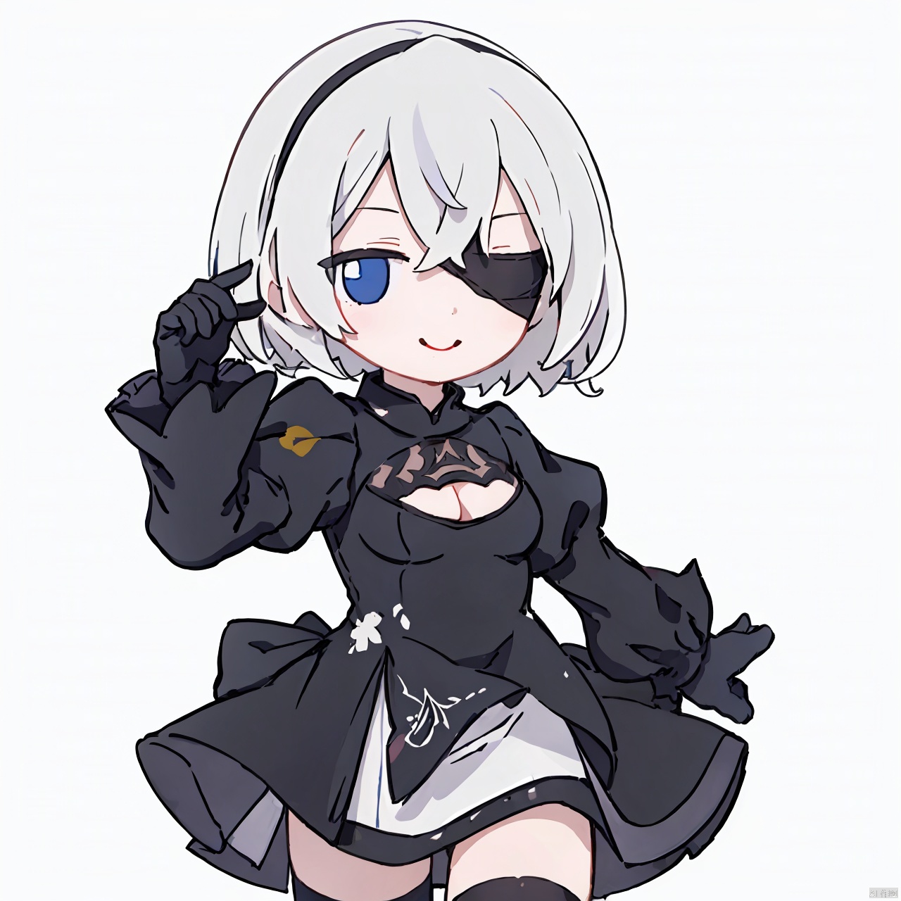  chibi,masterpiece, best quality, ,1girl,(blindfold:1.2),black blindfold,solo, white hair, dress,black dress, hairband, short hair, mole under mouth, gloves, thighhighs, puffy sleeves, cleavage cutout, long sleeves, yorha no. 2 type b,leotard, cowboy shot, grey background, smile,, 1girl