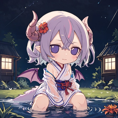  chibi, chibi,1girl,tail,wings,solo,horns,dragon horns,dragon wings,dragon tail,dragon girl,spider lily,pointy ears,nsfw,sex,wet,wet kimono,see-through,open clothes,bare shoulders,striped,new year,flower,barefoot,long hair,one side up,tree,water,white kimono,sitting,kneeling,outdoors,night,pink flower,purple flower,silver hair,looking at viewer,sky,house,blue flower,purple eyes,blush,one side up,bare legs,butterfly,building,night sky,bug,long sleeves,white flower,depth of field,hair between eyes,red flower,reflection,closed mouth,grass,ripples,lake,pink hair,strap slip,plant,pink butterfly,starry sky,looking away,slit pupils,dark night,black background,glowing,large breasts,shy