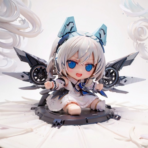  chibi, masterpiece, best quality, 1girl,solo,blue eyes,long hair,mecha musume,white background,dress,open mouth,smile,white hair,looking at viewer,simple , figure, ( figma:0.8)