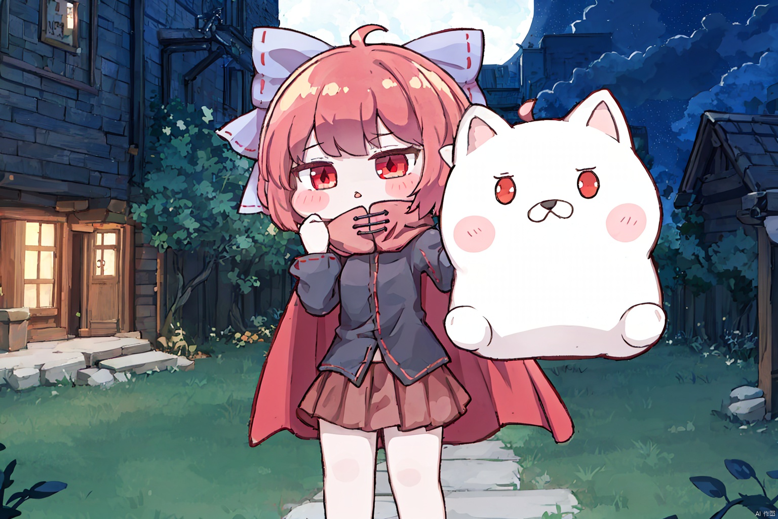  chibi,masterpiece, best quality, ,1girl, sekibanki,red hair,hair bow,red eyes,short hair,cape,long sleeves, shirt,skirt,(disembodied head:1.2),outdoors,night
