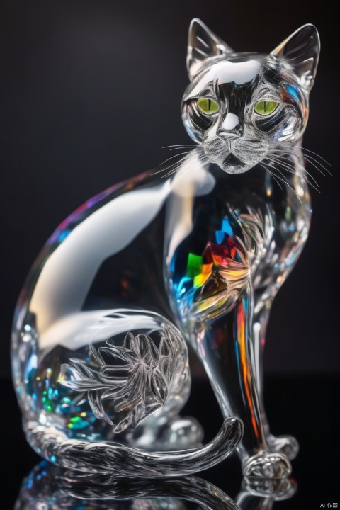 made of glass, CAT, highly detailed, macro photography, crystal clear, delicate, intricate, colorful reflections, soft lighting, artstation, 4k resolution