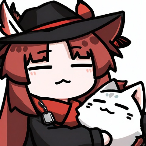  :3, bow, closed_eyes,  holding_cat, holding, upper_body,  chibi, simple_background, closed_mouth, =_=, white_background, 

1girl, solo,red hair, black hat, hat feather, red scarf, black jacket, dog_tags,
