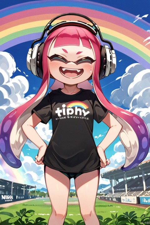  masterpiece, masquerade_mask, 1girl,solo,long hair,smile,open mouth,bangs,shirt,closed eyes,pink hair,short sleeves,cowboy shot,sky,day,cloud,blunt bangs,blue sky,black shirt,^_^,headphones,fangs,t-shirt,clothes writing,hands on hips,tentacle hair,rainbow,inkling,inkling girl
