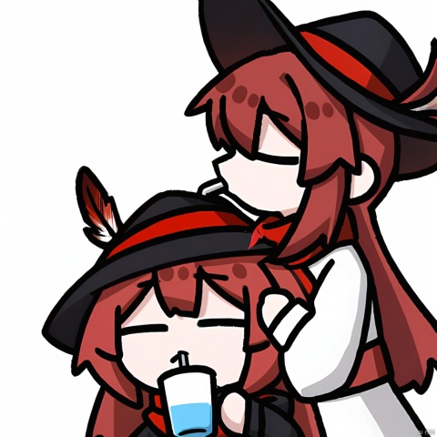 chibi, virtual_youtuber, drinking_straw, closed_eyes,  cup, white_background, simple_background,  drinking, holding, holding_cup, 

1girl, solo,red hair, hat, hat feather, red scarf,