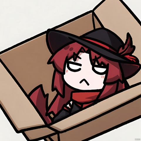 :<, ahoge,  in_container, in_box, tail, solo, chibi, box, looking_at_viewer, virtual_youtuber, frown ,

1girl, solo,red hair, hat, hat feather, red scarf,
