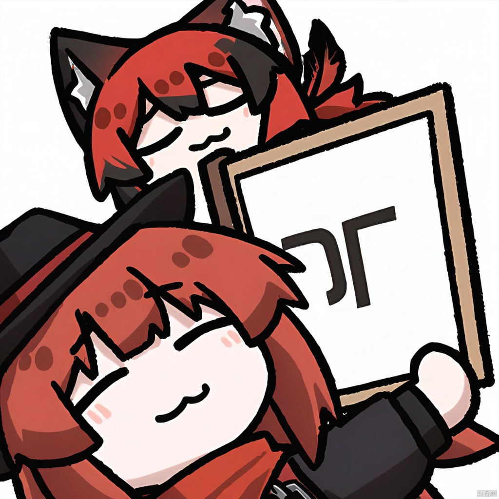  1girl, solo,red hair, black hat, hat feather, red scarf, black jacket, dog_tags,

sign, holding_sign,:3, closed_eyes, holding,  white_background, simple_background, upper_body, facing_viewer, closed_mouth,  chibi, smile, 