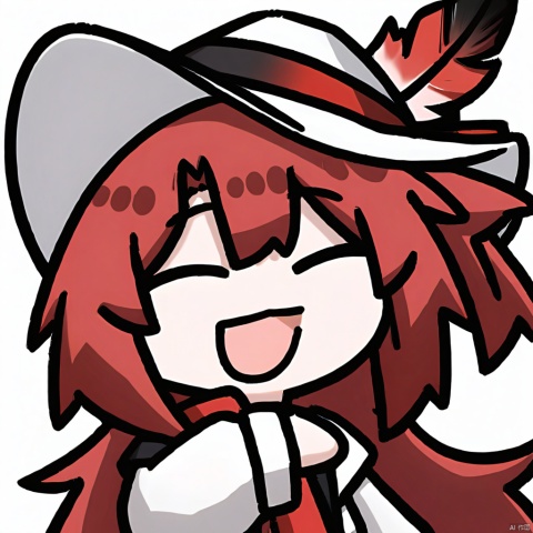 open_mouth, xd, simple_background, upper_body, smile, white_background, closed_eyes, chibi, :d, open_clothes, 

1girl, solo,red hair, hat, hat feather, red scarf,