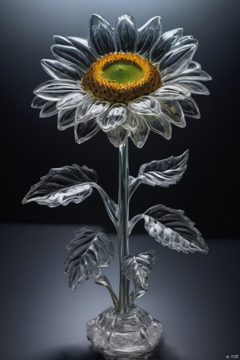 Glass sunflower, highly detailed, macro photography, crystal clear, delicate, intricate, colorful reflections, soft lighting, artstation, 4k resolution