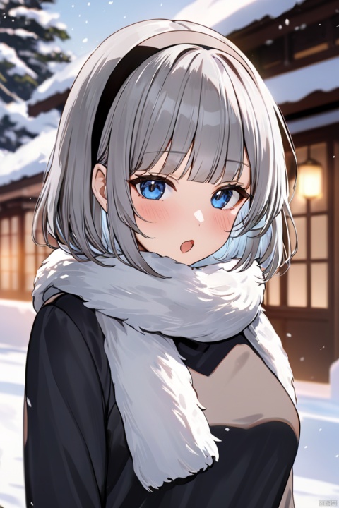  masterpiece,best quality,,touhou konpaku_youmu absurdres commentary highres symbol-only_commentary 1girl, :o ,black_hairband blue_eyes blunt_bangs blurry blurry_background blush breath fur_scarf grey_hair hairband long_sleeves outdoors snow snowflakes snowing solo upper_body
