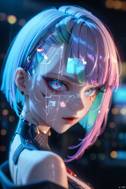 1girl, solo, lucy \(cyberpunk\), cyberpunk \(series\), asymmetrical hair, short hair, short hair, blue hair, green hair, pink hair, multicolored hair, blue eyes, eyeliner, eye shadow, makeup, bare shoulders, portrait, looking at the viewer, cyberpunk, ((Vampire)), futurism, hologram, glitch, holographic face, ui, interface, nodes, particles, depth of field, bokeh, masterpiece, best quality, very aesthetically pleasing, absurd, ,