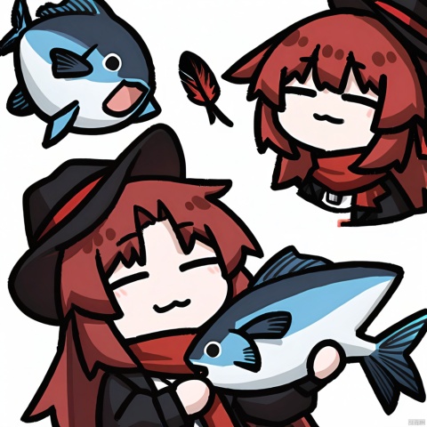 :3, closed_eyes, holding, simple_background, holding_fish, chibi, fish, white_background,  upper_body,

1girl, solo,red hair, black hat, hat feather, red scarf, black jacket, dog_tags,