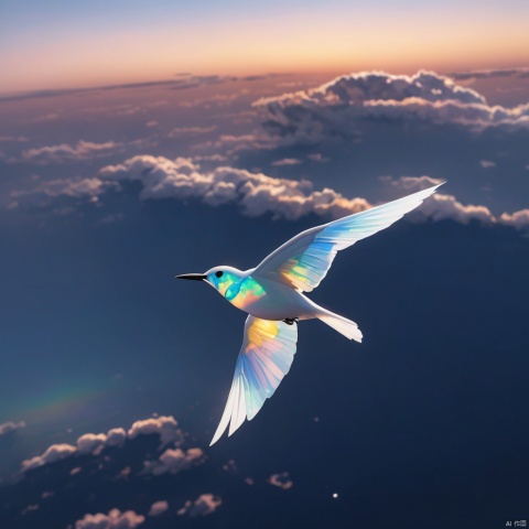  a bird made from opal , in a sky, flying side view, looks beautiful and aesthetic, real picture
