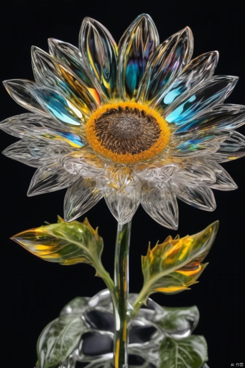  made of glass, sunflower, highly detailed, macro photography, crystal clear, delicate, intricate, colorful reflections, soft lighting, artstation, 4k resolution