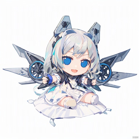  chibi, masterpiece, best quality, 1girl,solo,blue eyes,long hair,mecha musume,white background,dress,open mouth,smile,white hair,looking at viewer,simple , figure, ( figma:0.8)