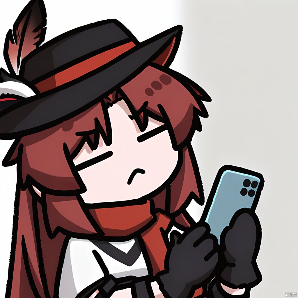  holding, phone, closed_eyes, ahoge, holding_phone, cellphone, virtual_youtuber, gloves,  chibi, transparent_background, black_gloves, simple_background, upper_body,  frown, closed_mouth,  white_background,

1girl, solo,red hair, hat, hat feather, red scarf,