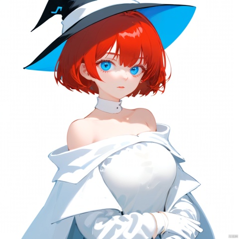  1girl, solo, best quality, white background, simple background, upper body, looking at viewer, closed mouth, blue eyes, red hair, short hair, bangs, witch hat, white gloves, mask, white jacket, puffy long sleeves, bare shoulders, off shoulder, cropped torso