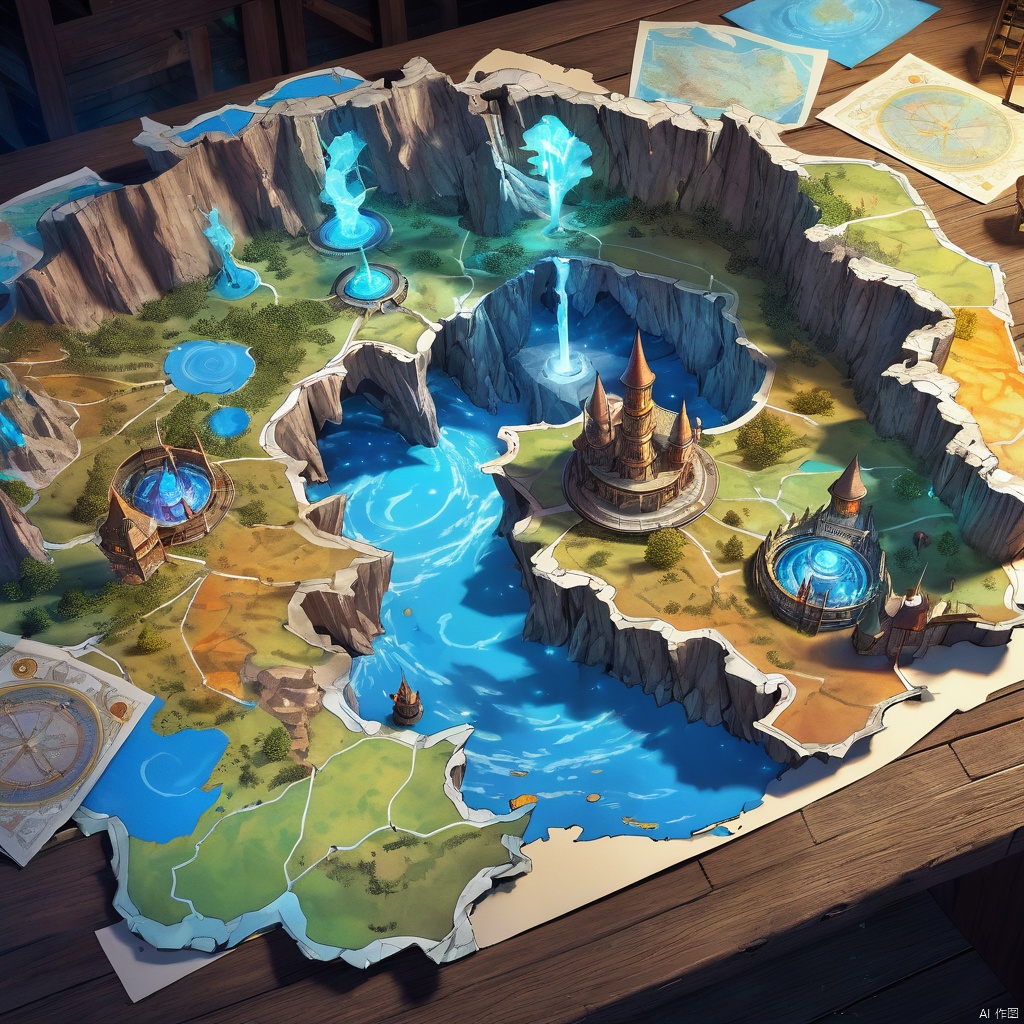 top view of a holographic magical map (3D, mining tunnels), torn and worn, map looks to be floating off the paper, sitting on a wizard's desk, magical multicolored ink, high quality, imagination, 8k, fantasy art, vivid magical colors, style-paintmagic,