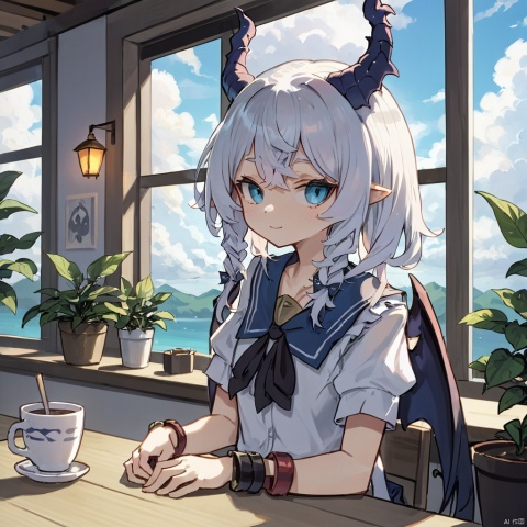 (masterpiece),(highest quality),highres,(an extremely delicate and beautiful),(extremely detailed),
1girl, dragon wings, dragon horns, dragon tail, solo, horns, blue eyes, looking at viewer, cup, wings, indoors, short sleeves, sitting, bracelet, long hair, shirt, white shirt, pointy ears, bangs, ponytail, plant, window, jewelry, closed mouth, dragon horns, cafe, day, disposable cup, potted plant, white hair, serafuku, cloud, hair between eyes, sky, sailor collar, blush, dragon girl, school uniform, table, scenery, demon wings, sidelocks, upper body, looking to the side, smile
BREAK
A dragon girl with white hair and blue eyes sits alone in a cozy cafe. She has pointy ears, dragon horns, and demon wings folded behind her. Wearing a white serafuku with a sailor collar, she smiles softly while looking to the side, as if lost in thought. Her long hair is tied in a ponytail, with bangs neatly framing her face and sidelocks hanging down. She holds a disposable cup in her hand, and a potted plant decorates the table. The window behind her reveals a cloudy sky, and her various pieces of jewelry, including a bracelet, glint subtly in the daylight.