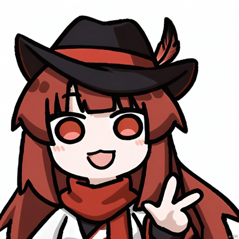 1girl, solo, open_mouth, r, :3, chibi, portrait, looking_at_viewer, smile, blunt_bangs, blush,  :d ,

1girl, solo,red hair, hat, hat feather, red scarf,