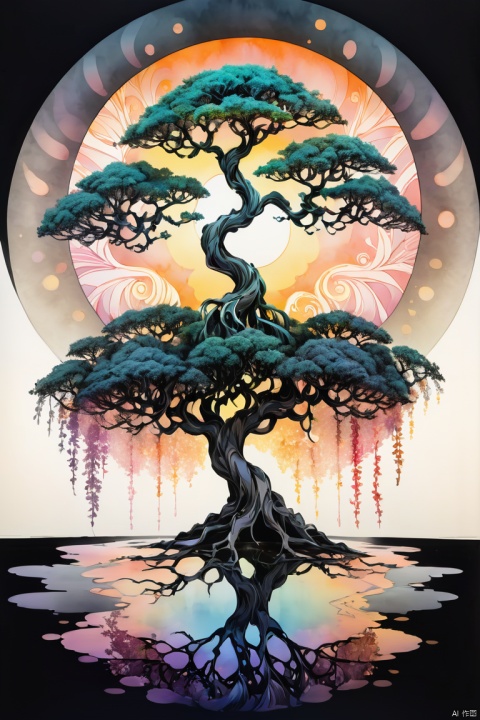 ink illustration, ink stains, ink splatters, ink runs, ink spots, faded ink, dramatic bonsai tree, plant on black reflective surface, sunrise, detailed, amazing natural lighting, earthy pastel colors, weeping for the lost children, symmetrical fractal pattern, linquivera