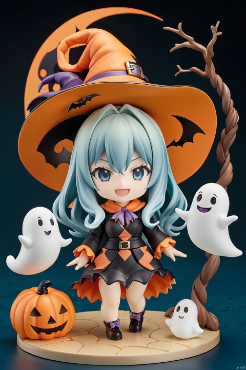  Nendoroid , halloween theme,1girl, smile,ghost, smile,witch_hat,red_moon,masterpiece,best quality