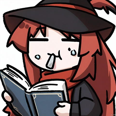  1girl, solo,red hair, black hat, hat feather, red scarf, black jacket, dog_tags,

jitome, book, food_on_face, simple_background, white_background, holding_book, chibi, eating,  open_book, looking_at_viewer, upper_body