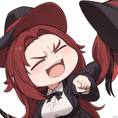 Stupid, happy, laugh, open your mouth wide,pointing at view,masterpiece, best quality, 1girl, red hair, hat, hat feather, scowl, chibi, Simple background,white background, 