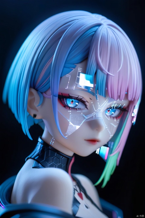  Nendoroid , 1girl, solo, lucy \(cyberpunk\), cyberpunk \(series\), asymmetrical hair, short hair, short hair, blue hair, green hair, pink hair, multicolored hair, blue eyes, eyeliner, eye shadow, makeup, bare shoulders, portrait, looking at the viewer, cyberpunk, ((Vampire)), futurism, hologram, glitch, holographic face, ui, interface, nodes, particles, depth of field, bokeh, masterpiece, best quality, very aesthetically pleasing, absurd, ,