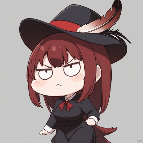 o_o, masterpiece, best quality, 1girl, red hair, hat, hat feather,  scowl, chibi, Simple background,white background, 