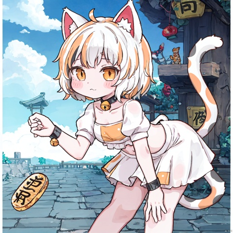 masterpiece, best quality, ,1girl, tail, animal ears, cat ears, cat tail, solo, bell, maneki-neko, short hair, multicolored hair, skirt, neck bell, streaked hair, white hair, jingle bell, crop top, looking at viewer, short sleeves, bangs, midriff, shirt, cat girl, multicolored shirt, closed mouth, breasts, leaning forward, collarbone, gold, puffy sleeves, collar, orange eyes, multicolored skirt, black collar, wristband, puffy short sleeves, coin, multicolored clothes, standing, patch