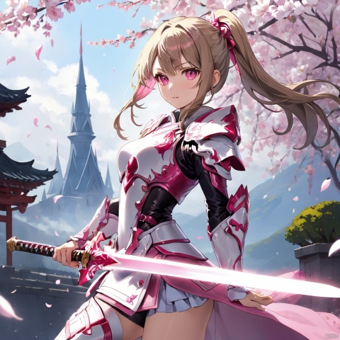 amazing quality, masterpiece, best quality, hyper detailed, ultra detailed, UHD, perfect anatomy, blurry background, outdoor,( cherry blossoms:0.6), fog, studio lighting, bright foreground, face to viewer, background light,
(pink hybrid white) armor, female, pink eyes, holding, sword with ral-elctryzt, ponytail, glowing, shine, dazzling, (on side:1.2), dark blond hair, highlights,
, HKStyle,
,
,
, extremely detailed,
,