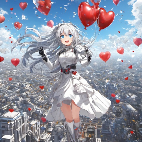  1girl, solo, balloon, blue eyes, smile, long hair, open mouth, white hair, heart, mecha musume, dress, heart hands, bangs, sky, looking at viewer, happy birthday, gloves, white dress, confetti, boots, wingsTT,