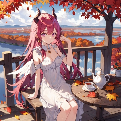 1girl, wings, long hair, solo, sitting, white dress, dress, bare arms, teapot, purple eyes, outdoors, looking at viewer, pointy ears, smile, very long hair, flower, tree, horns, demon wings, breasts, red flower, cup, table, bare shoulders, cloud, sky, two side up, demon girl, bangs, pink hair, closed mouth, water, earrings, teacup, jewelry, sleeveless dress, red hair, autumn leaves, sleeveless, small breasts, day, autumn, hair between eyes