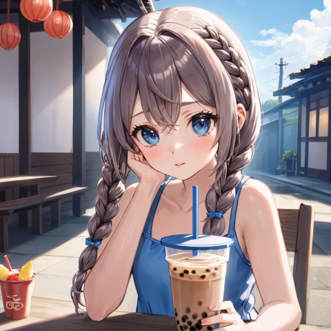 High Quality, Masterpiece, realistic, streaked hair, single braid, , JainaProudmoore, bubble tea challenge, drinking straw, crossed arms, , blue eyes,